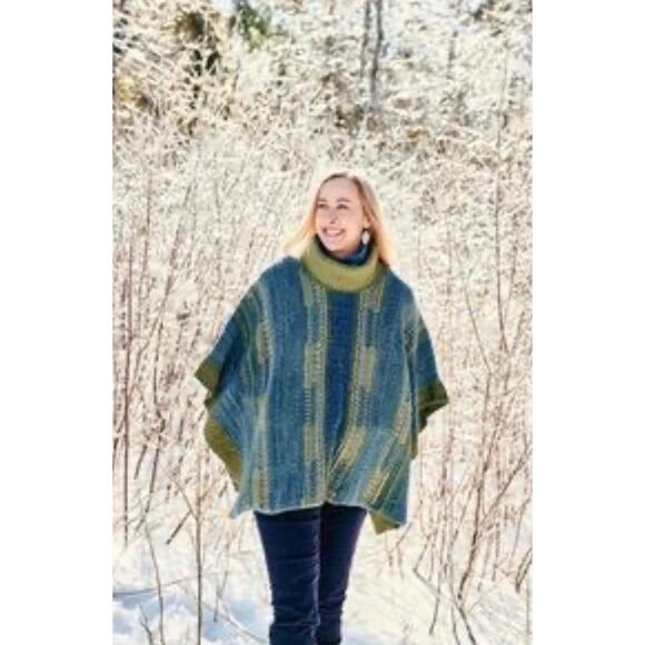 J Jill Cotton Wool Fair Isle Nordic Classic Poncho Sweater Blue Green One Size - Picture 2 of 10